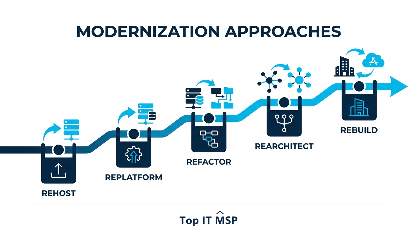 The modernization approaches: rehost, replatform, refactor, rearchitect, rebuild, replace, retire