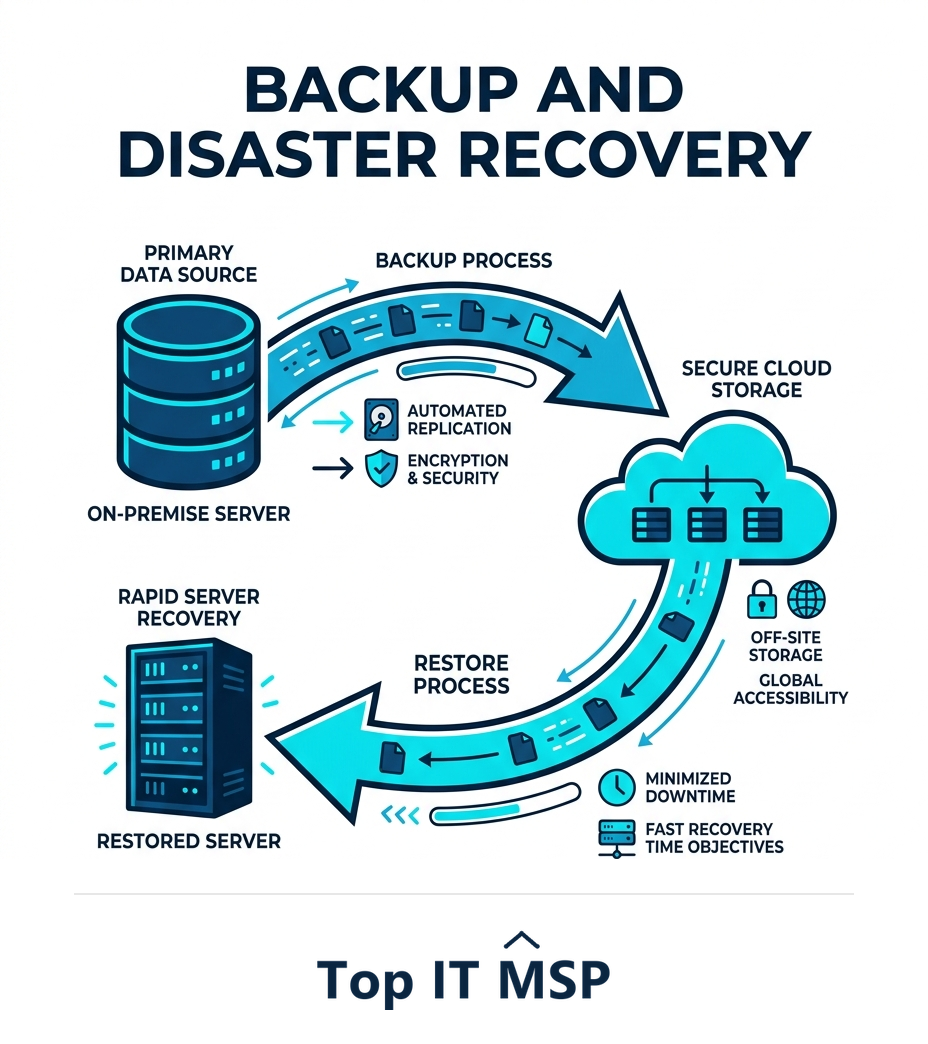 Backup and disaster recovery protects data and restores operations after an incident