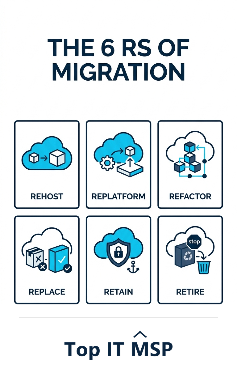 Cloud migration strategies: rehost, replatform, refactor, replace, retain, retire