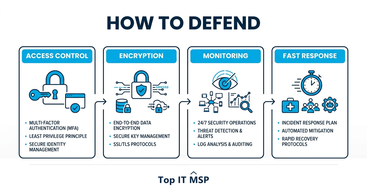 Defenses against cloud threats: access control, encryption, monitoring, fast response