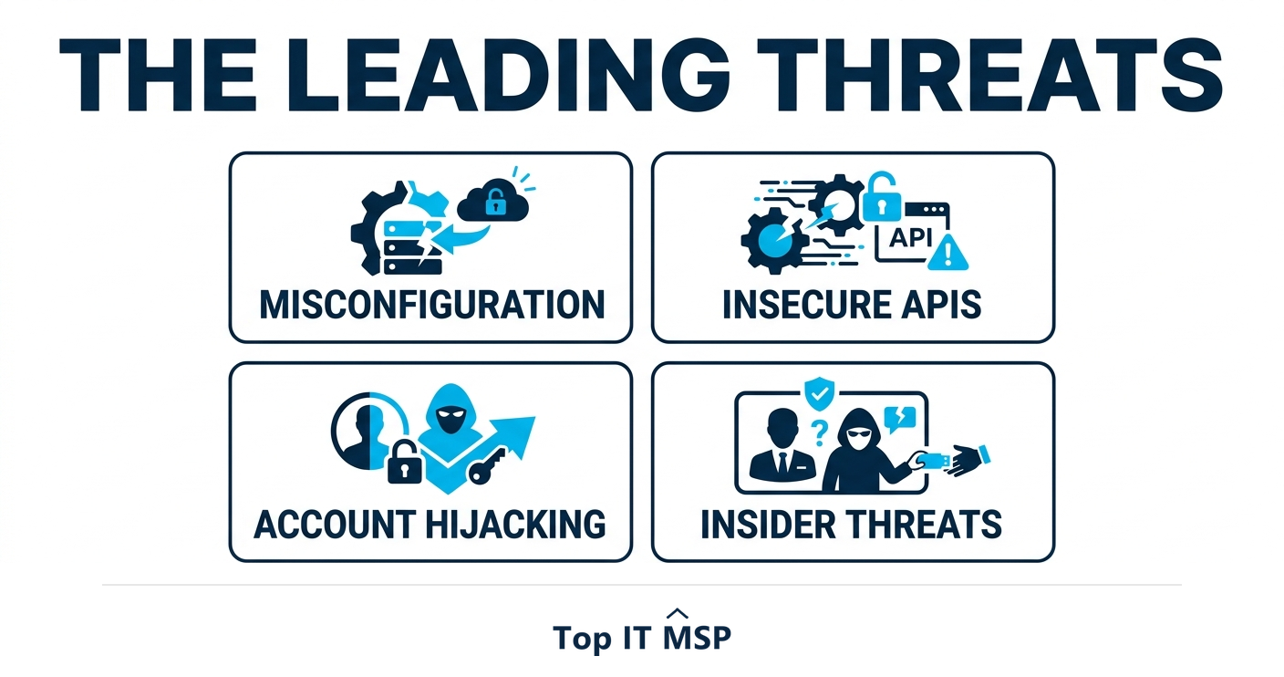 The leading cloud threats: misconfiguration, insecure APIs, account hijacking, insider threats