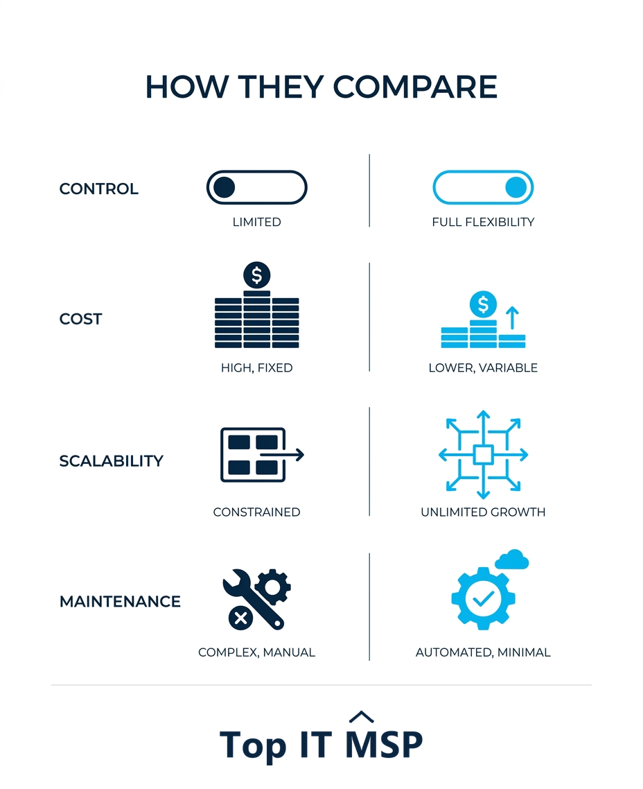 Colocation versus cloud compared on control, cost, scalability, and maintenance