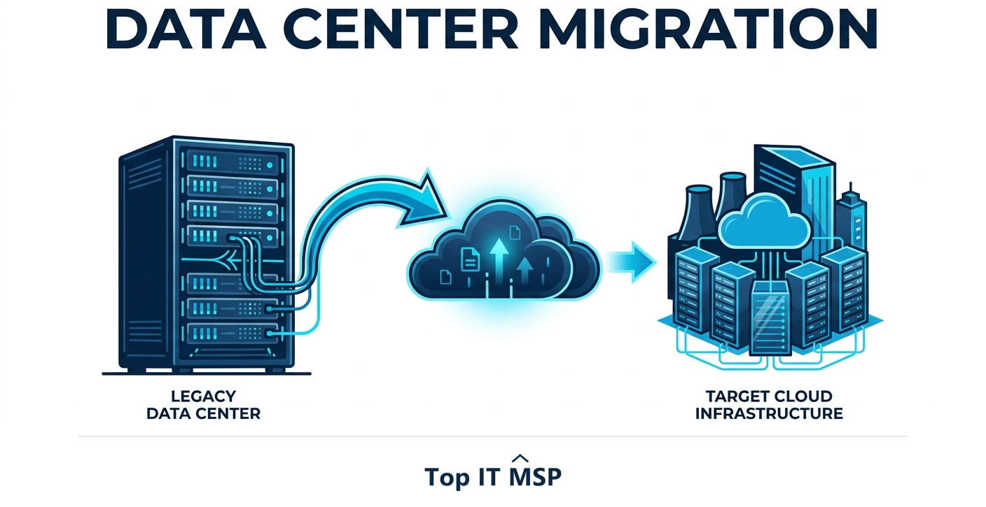 A data center migration moves servers, storage, applications, and data to a new environment
