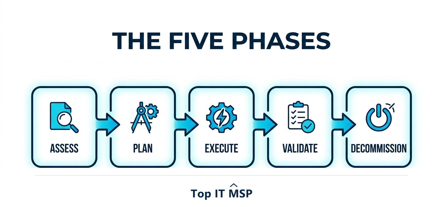 The data center migration phases: assess, plan, execute, validate, decommission