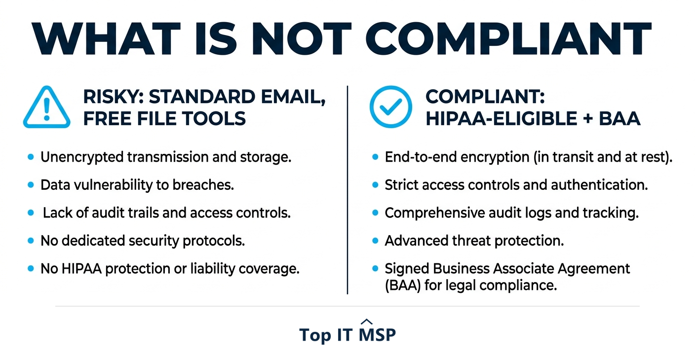 Email and free tools are usually not HIPAA compliant