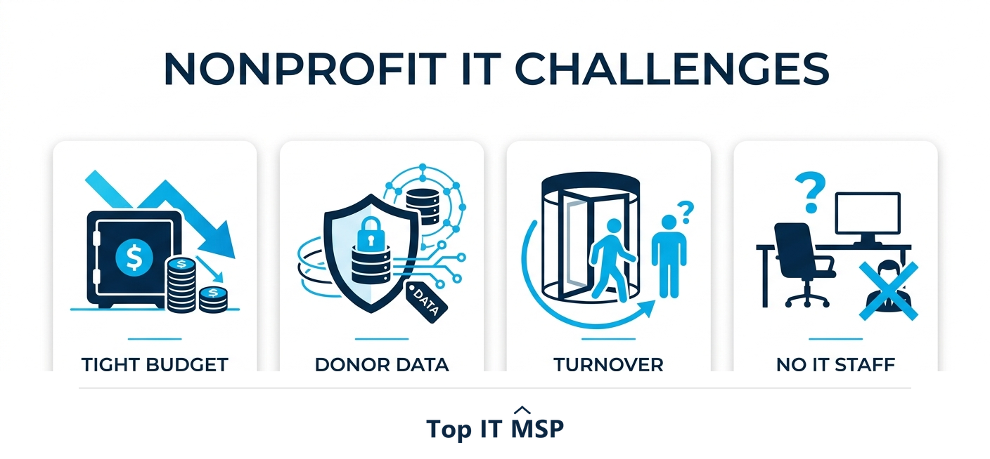 Nonprofit IT challenges: tight budget, donor data, turnover, no IT staff