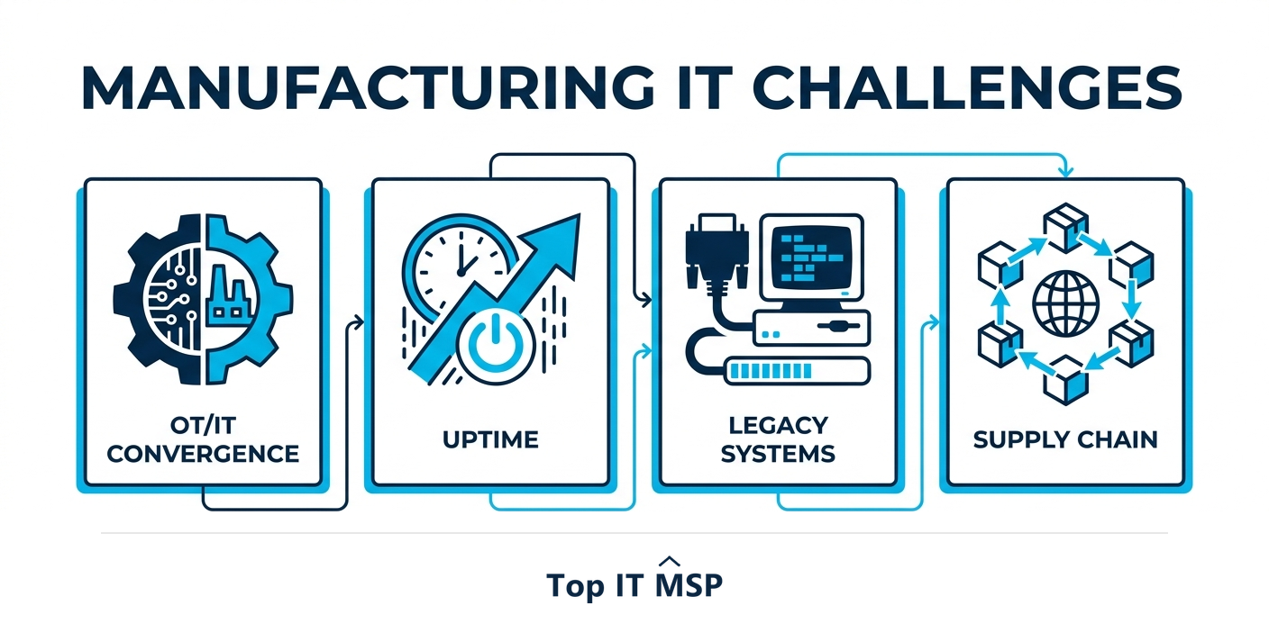 Manufacturing IT challenges: OT/IT convergence, uptime, legacy systems, supply chain