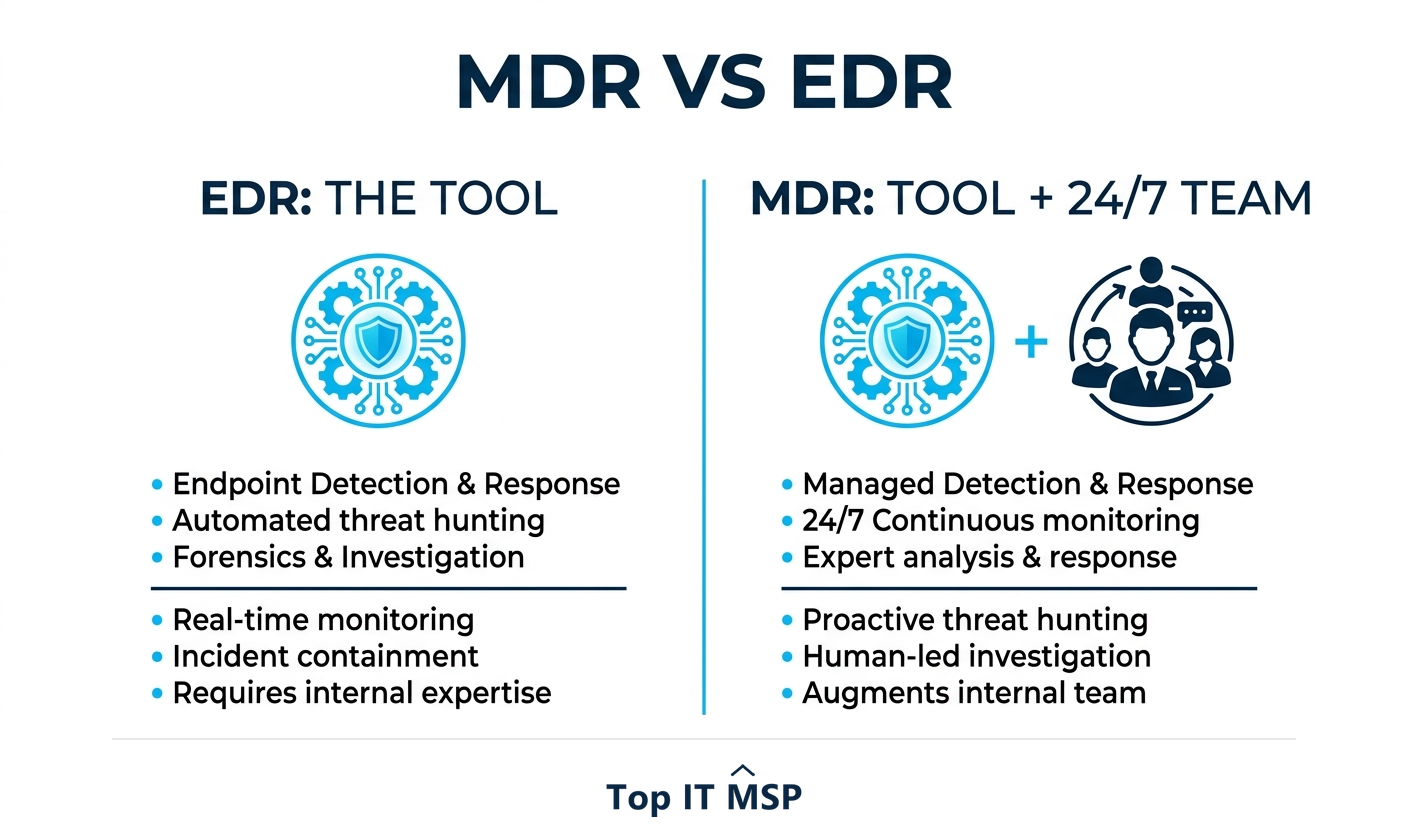 EDR is the tool; MDR is the tool plus a human team