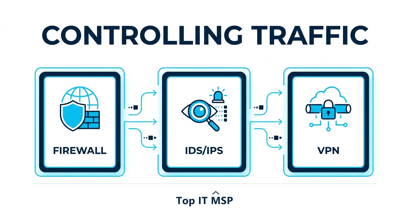 Firewall, IDS/IPS, and VPN control and protect network traffic