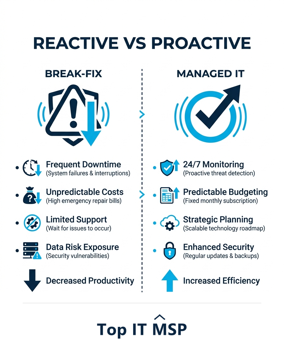 Break-fix support is reactive while managed IT services are proactive