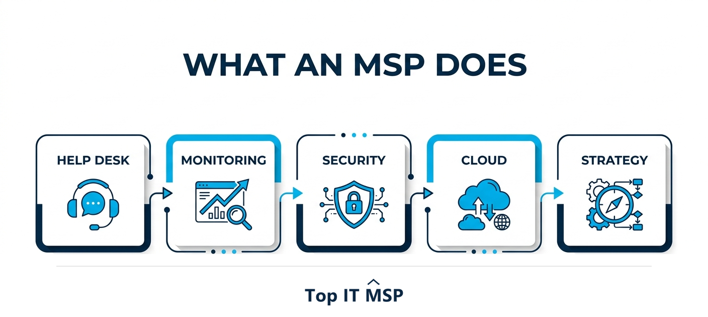 What an MSP does: help desk, monitoring, security, cloud, strategy