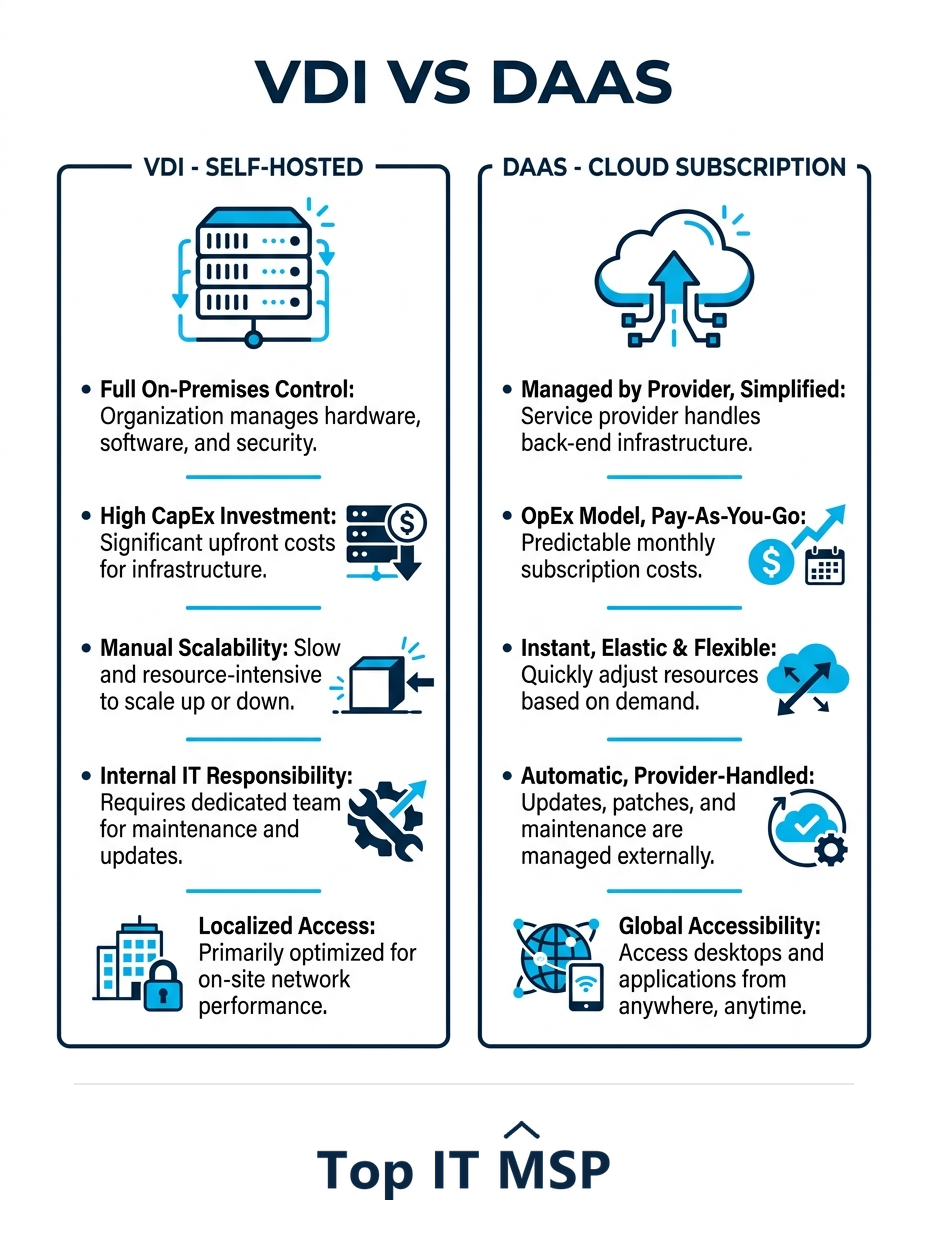 VDI is self-hosted infrastructure while DaaS is a managed cloud subscription
