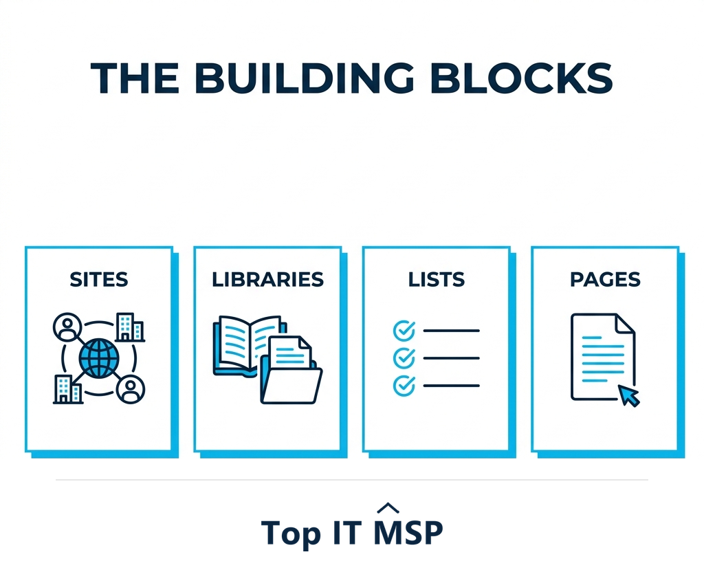SharePoint building blocks: sites, libraries, lists, and pages