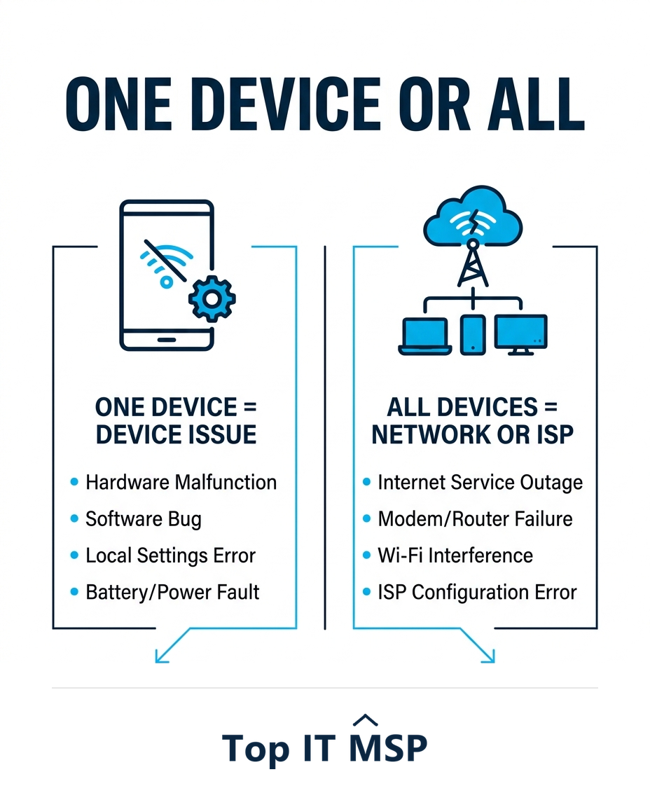 If one device fails the device is the problem; if all fail the network is